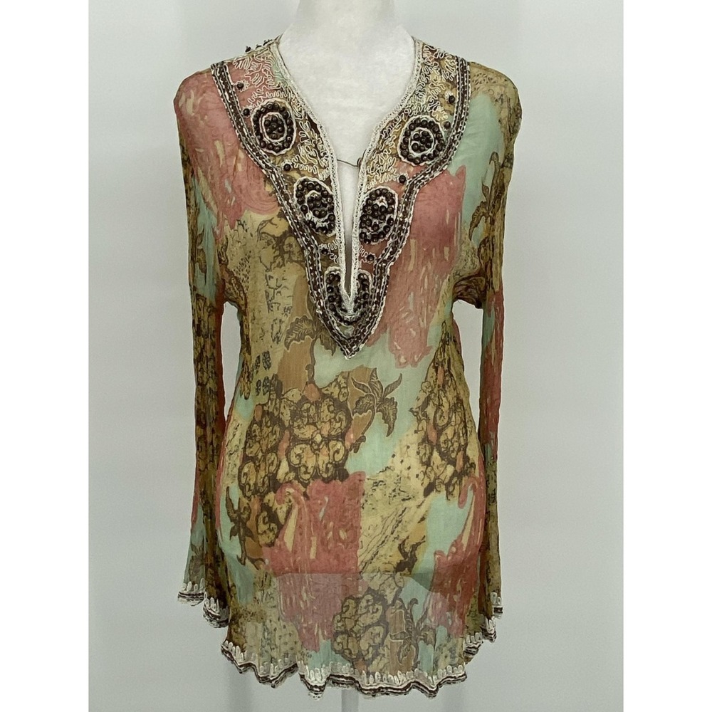 Soft Surroundings Tunic Top Women M Watercolor Sheer Beaded Embroidered Boho